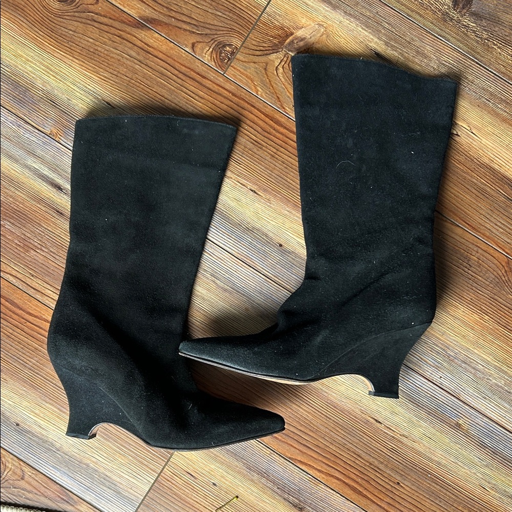 Anne Klein Black Suede Mid Calf Heeled Boots